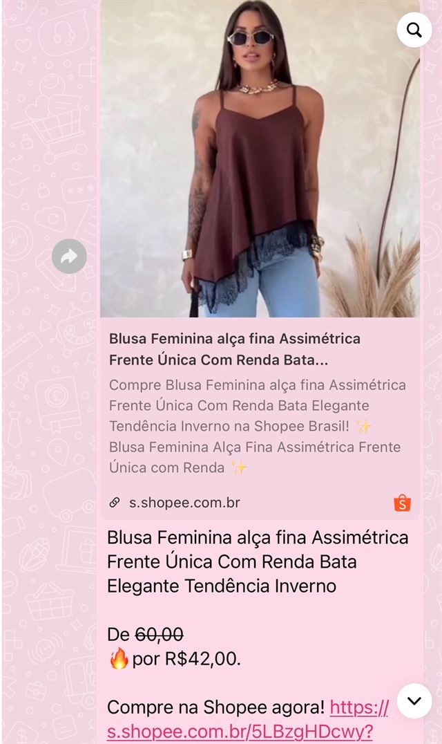 Mensagem do grupo: blusa feminina alça fina com renda da Shopee
