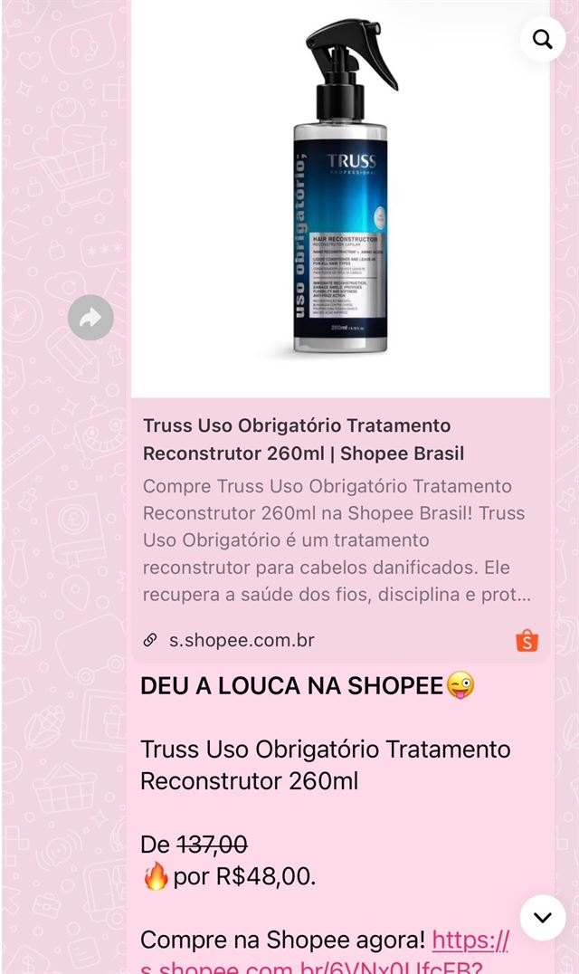 Mensagem do grupo: tratamento reconstrutor Truss da Shopee