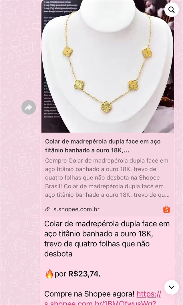 Mensagem do grupo: colar trevo banhado a ouro da Shopee